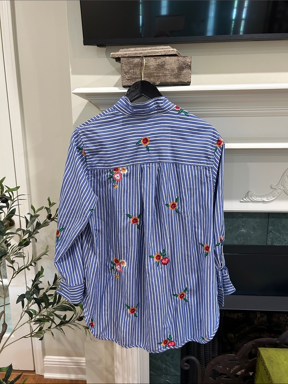 John Mark Blue & White Striped Button-Down with Floral Embroidery - Picture 3 of 3